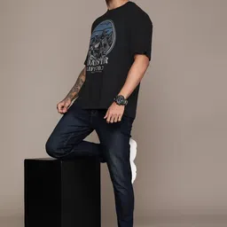 roadster Men Printed, Typography Round Neck Pure Cotton Black T-Shirt image 4