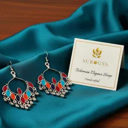 surogya Enamel Dangle Oxidized Silver Tone with Colorful Drops for Women Alloy Chandbali Earring-picture-45