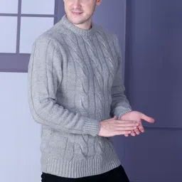 dzant Men Self Design Round Neck Beige Sweater image 3