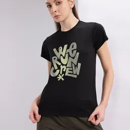 hrx by hrithik roshan Women Printed Round Neck Polyester Black T-Shirt image 4