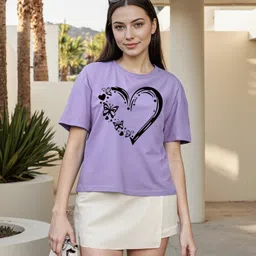 Women Graphic Print Round Neck Polyester Purple T-Shirt-image-81