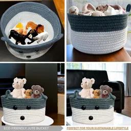 adequate Jute Jute backet , basket cute bunny face , white & grey , 20*10 cm Storage Basket image 3