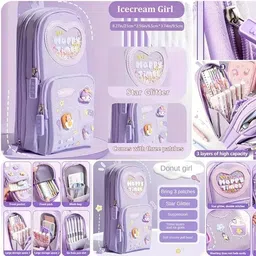viranchilal 6 Layer, 3 Compartments, Large Capacity, Cute Pencil Case for Girls Art Artificial Leather Pencil Box image 5