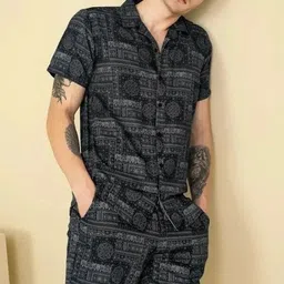 mumin Men Shirt & Pyjama set Black Solid, Printed, Self Design-picture-22
