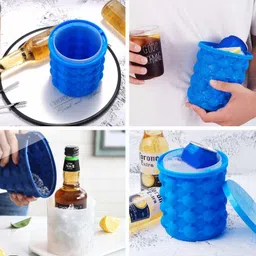 escora 1 L Silicone Ice Cube Maker Bucket Tray Large Silicone Ice Bucket | 2 in 1 Ice Cube Mould and Container Box, Round, Portable Ice Bucket, for Frozen Whiskey, Cocktail, Beverages | Aqua | Ice Bucket image 4