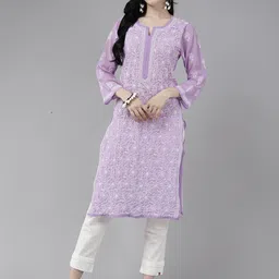 ADA Women Purple & White Ethnic Motifs Embroidered Chikankari Georgette Kurta-picture-23