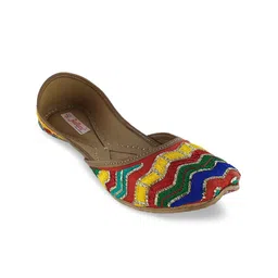 Fulkari Women Tan Embellished Leather Mojaris-picture-10