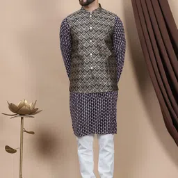 Anouk Geometric Embroidered Pure Cotton Straight Kurta With Churidar & Nehru Jacket image 1