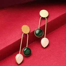 Yellow Chimes Gold-Plated Dual Linear Long Green and White Stone Studded Dangler Earrings image 1