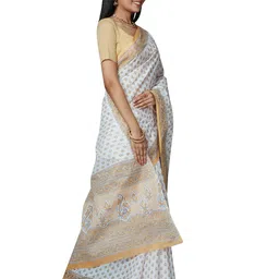 SHANVIKA White & Yellow Ethnic Motifs Pure Cotton  Block Print Saree image 2