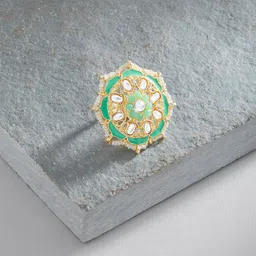 Zaveri Pearls Gold-Plated Green & White Kundan Stone Studded Meenakari Adjustable Finger Ring image 2