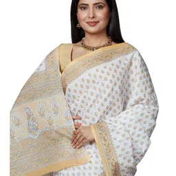 SHANVIKA White & Yellow Ethnic Motifs Pure Cotton  Block Print Saree image 5