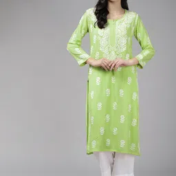 ADA Floral Embroidered Round Neck Lucknowi Chikankari Cotton Silk Straight Kurta-picture-26