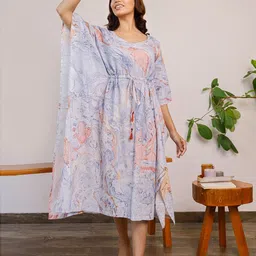 PHEETA Women Purple & Pink Cotton Floral Printed Flared Sleeves Kaftan Kurta-image-13