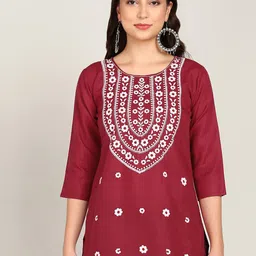 TOP N THREAD Floral Embroidered Round Neck Three-Quarter Sleeves Chikankari Kurti-image-50
