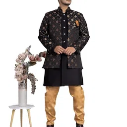 Ethzy Men's Jacquard Casual Regular Printed Full Sleeve Knee Length Kurta Pyjama With Long Koti Jacket/Waistcoat 3 Piece Ethnic Wear Set - Traditional and Trendy(Black & Black) image 1