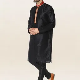 Enciger Men Black Thread Work Dupion Silk Kurta with Churidar image 3