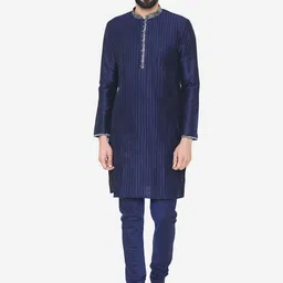 Manu Men Blue & White Self Design Kurta with Churidar & Nehru Jacket-picture-12