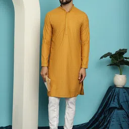 SOJANYA Geometric Embroidered Mandarin Collar Long Sleeves Pure Cotton Kurta With Churidar-picture-22