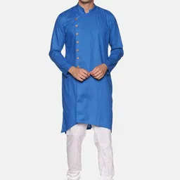 Sethukrishna Men Blue Angrakha Pure Cotton Kurta with Churidar image 1