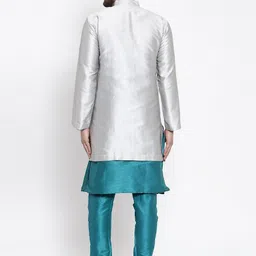 Kaifoo Men Green & Silver Solid Silk Blend Kurta Set image 4