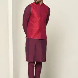 KISAH Mandarin Collar Straight Kurta & Churidar With Nehru Jacket Set image 4