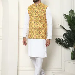 SOJANYA Geometric Embroidered Thread Work Pure Cotton Kurta With Churidar & Nehru Jacket image 5