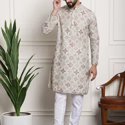 SOJANYA Men Beige Printed  Cotton Linen Kurta with Churidar image 2