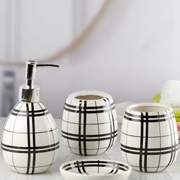 Kookee White & Black 4 Pieces Striped Glossy Ceramic Bath Accessories Set-picture-46