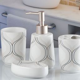 Kookee White & Black 4 Piece Ceramic Abstract Printed Bath Accessories Set-picture-48