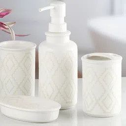 Kookee White 4 Pieces Ceramic Textured Bath Accessories Set image 5