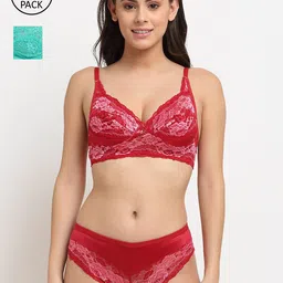 Friskers Women Set of 2 Red & Green Non padded Lingerie set-image-27