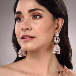 Saraf RS Jewellery Rose Gold-Toned AD Studded Dome Shaped Jhumkas Earrings image 5