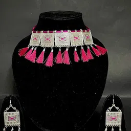 maddy space Allure Silver-Plated Beaded-Studded Oxidized Jewellery Set-picture-17