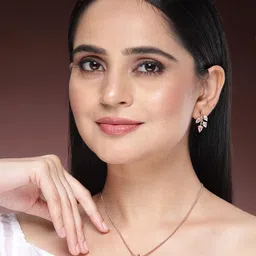 ZENEME Rhodium Plated Shimmery Rose Gold Leaf Pendant & Earring Set image 5