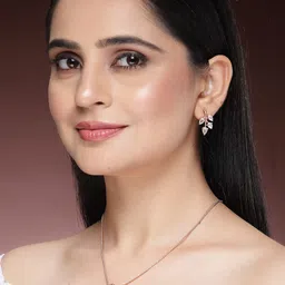 ZENEME Rhodium Plated Shimmery Rose Gold Leaf Pendant & Earring Set image 2