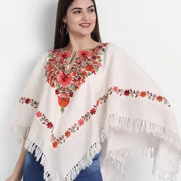Zamour Women White & Red Embroidered Poncho with Embroidered Detail-picture-15