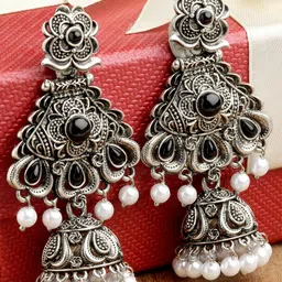 KARATCART Women Oxidised Silver Black Dome Shaped Jhumkas Earrings-image-99