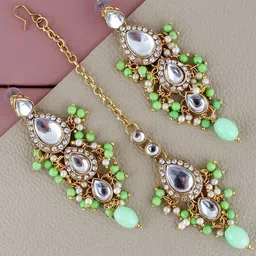 LUCKY JEWELLERY Gold Plated Kundan Maang Tika & Earrings image 1