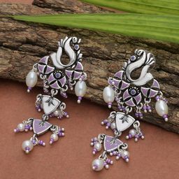 Voylla Silver-Toned Contemporary Silver-Plated Drop Earrings-picture-4