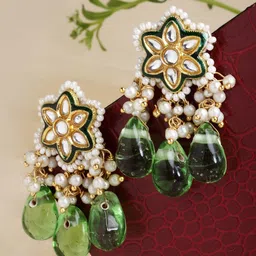 DUGRISTYLE Kundan & Pearl Studded Gold-Plated Drop Earrings-image-43