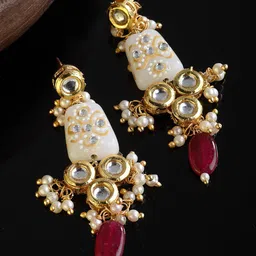 DUGRISTYLE Kundan Studded Gold-Plated Drop Earrings-image-42