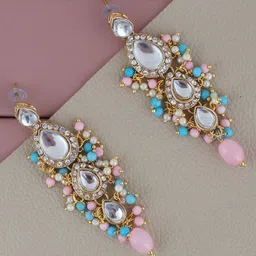 LUCKY JEWELLERY Gold-Plated Contemporary Kundan Studded Drop Earrings-picture-23