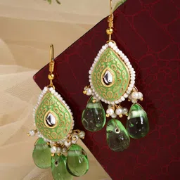 DUGRISTYLE Gold-Plated Kundan Teardrop Shaped Drop Earrings-image-29