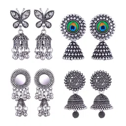 MEENAZ Set Of 4 Silver-Plated Dome Shaped Jhumkas-picture-38