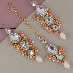 LUCKY JEWELLERY Gold Plated Kundan Studded Jewellery Set-image-3