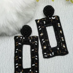 Dhrohar Black & White Beaded Fabric Geometric Drop Earrings-picture-14