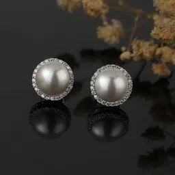 VANBELLE Silver Toned 925 Sterling Silver Rhodium Plated Pearl Circular Studs Earrings-picture-12