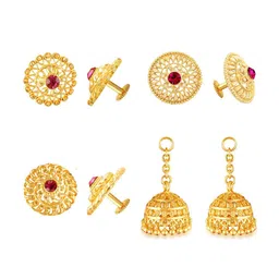 Vighnaharta Set Of 3 Gold-Plated Cubic Zirconia Studded Floral Studs With Removable Jhumka-picture-33