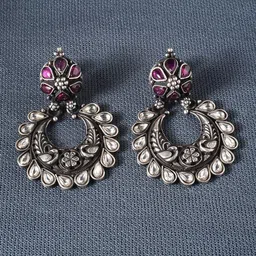 JAYPORE Sliver-Plated Oxidized Faux Ruby Stones Studded Crescent Shaped Chandbalis-picture-48